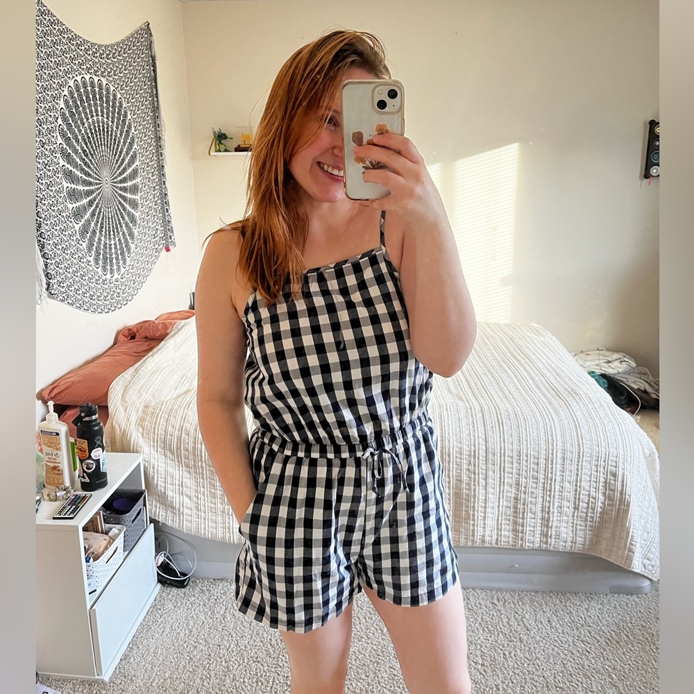 navy gingham romper